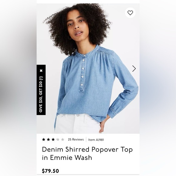 Madewell Popover Top Womens Emmie Wash Denim Shirred Long Sleeve Size XXS - Picture 3 of 14